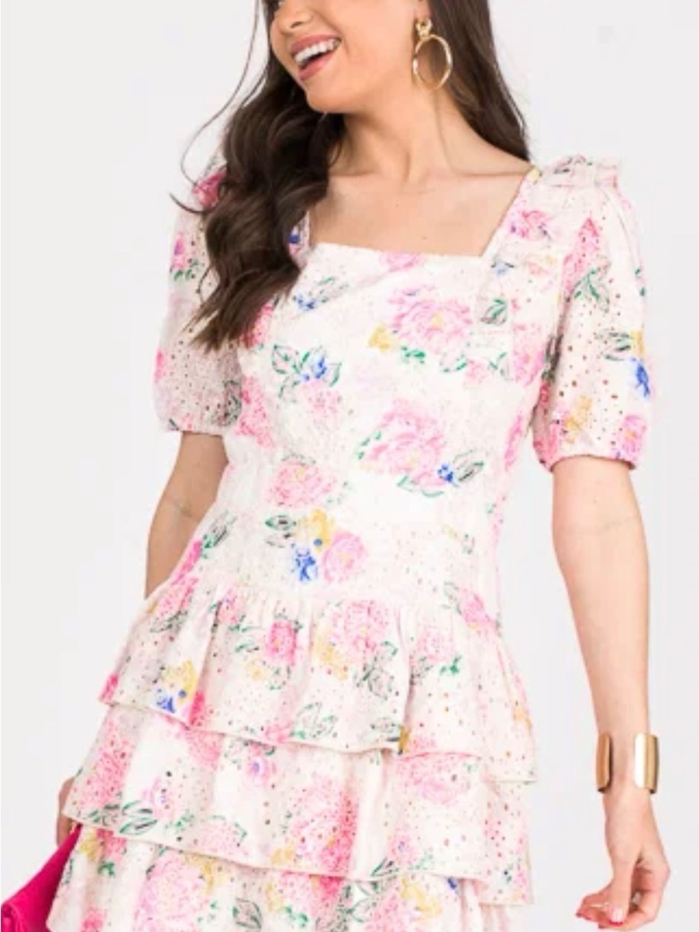 Adelyn Rae White Floral Tiered Puff-Sleeve Mini Dress